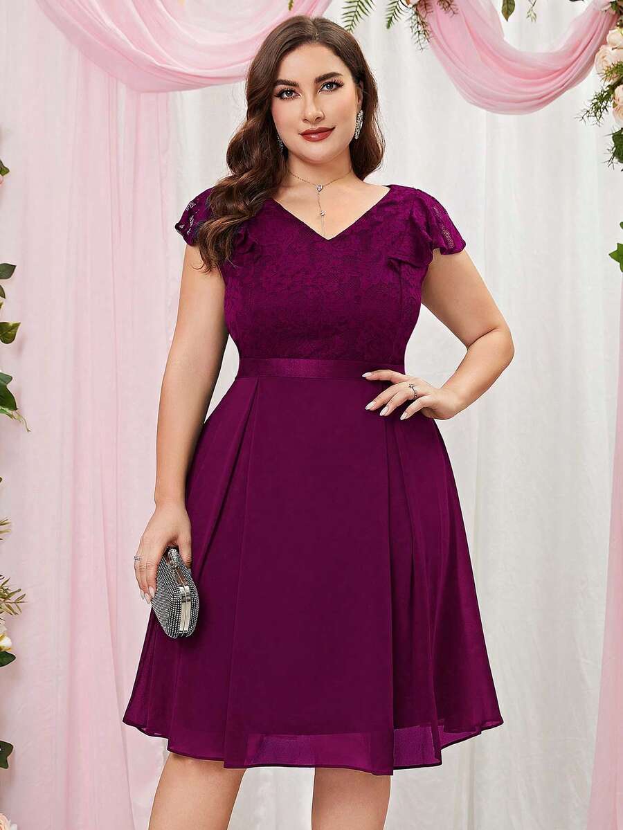 MIUSOL Talla grande Vestido con encaje en contraste de gasa de manga con volante de cuello V cóctel - Granate - Ver 1