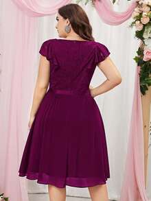 MIUSOL Talla grande Vestido con encaje en contraste de gasa de manga con volante de cuello V cóctel - Granate - Ver 2