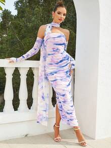 紮染單肩側垂褶邊緊身連衣裙帶袖子 - 紫色 - 查看 3