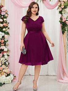 MIUSOL Talla grande Vestido con encaje en contraste de gasa de manga con volante de cuello V cóctel - Granate - Ver 4