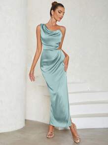 Asymmetrical Neck Cut Out Waist Split Thigh Satin Bridesmaid Dress - Blue - View 1