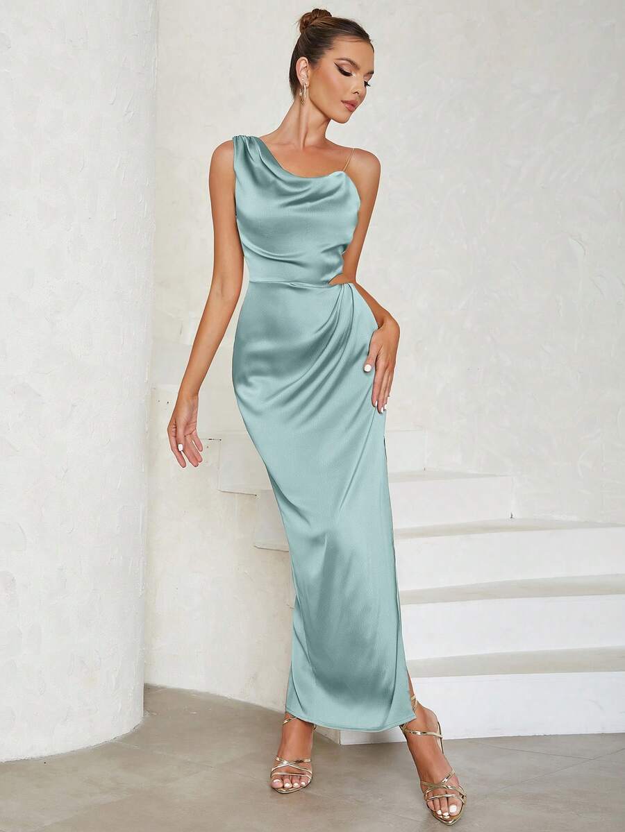 Asymmetrical Neck Cut Out Waist Split Thigh Satin Bridesmaid Dress - Blue - View 1