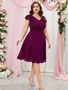 MIUSOL Talla grande Vestido con encaje en contraste de gasa de manga con volante de cuello V cóctel - Granate - Ver 6