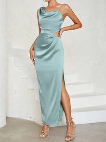 Asymmetrical Neck Cut Out Waist Split Thigh Satin Bridesmaid Dress - Blue - View 4