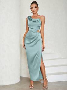 Asymmetrical Neck Cut Out Waist Split Thigh Satin Bridesmaid Dress - Blue - View 5