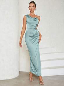 Asymmetrical Neck Cut Out Waist Split Thigh Satin Bridesmaid Dress - Blue - View 7