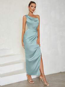 Asymmetrical Neck Cut Out Waist Split Thigh Satin Bridesmaid Dress - Blue - View 8
