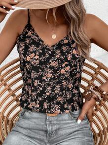 SHEIN VCAY 印花吊帶上衣 - 黑色 - 查看 5