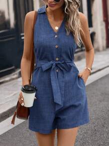 SHEIN LUNE 前紐扣斜口袋腰帶連身短褲 - 藍色 - 查看 5