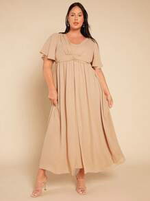 SHEIN Belle Plus Solid Butterfly Sleeve Ruched Front Bridesmaid Dress - Khaki - View 1