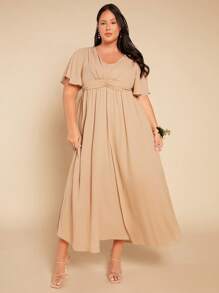 SHEIN Belle Plus Solid Butterfly Sleeve Ruched Front Bridesmaid Dress - Khaki - View 3