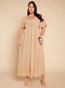 SHEIN Belle Plus Solid Butterfly Sleeve Ruched Front Bridesmaid Dress - Khaki - View 5