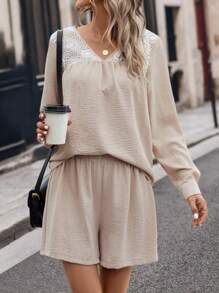 SHEIN LUNE Contrast Lace Lantern Sleeve Top & Shorts - Khaki - View 1