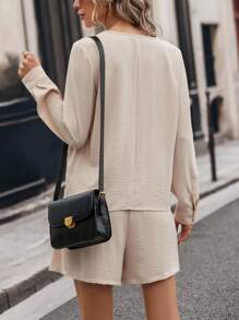 SHEIN LUNE Contrast Lace Lantern Sleeve Top & Shorts - Khaki - View 2