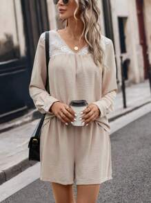 SHEIN LUNE Contrast Lace Lantern Sleeve Top & Shorts - Khaki - View 4