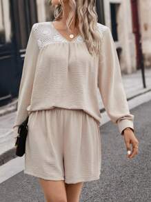 SHEIN LUNE Contrast Lace Lantern Sleeve Top & Shorts - Khaki - View 7