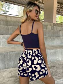 SHEIN LUNE Solid Cami Top & Allover Print Paperbag Waist Belted Shorts - Multicolor - View 2