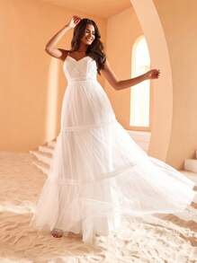 EVERPRETTY Ruffle Hem Cami Wedding Dress Without Veil - White - View 1