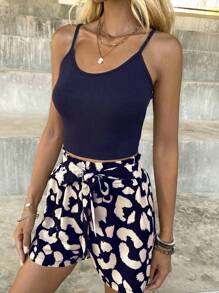 SHEIN LUNE Solid Cami Top & Allover Print Paperbag Waist Belted Shorts - Multicolor - View 3