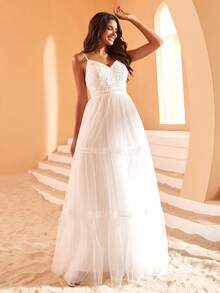 EVERPRETTY Ruffle Hem Cami Wedding Dress Without Veil - White - View 3