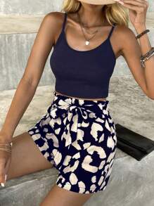 SHEIN LUNE Solid Cami Top & Allover Print Paperbag Waist Belted Shorts - Multicolor - View 5