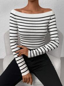 Chiquease 条纹露肩短款针织套头衫秋冬毛衣 - 黑與白 - 查看 5