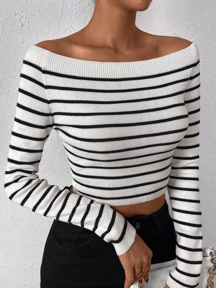 Striped Pattern Off Shoulder Crop Knit Pullover Fall Winter Sweater