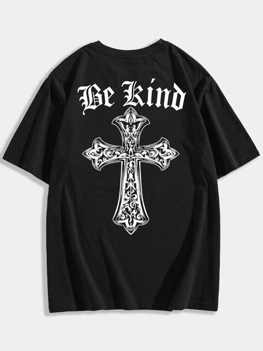 ROMWE MEN Goth 男士棉交叉字母圖案T恤 - 黑色 - 查看 1