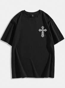 ROMWE MEN Goth 男士棉交叉字母圖案T恤 - 黑色 - 查看 2