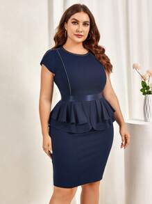 CurvySweet 大碼荷葉邊荷葉邊下擺腰緊身連衣裙 - 藏蓝色 - 查看 1