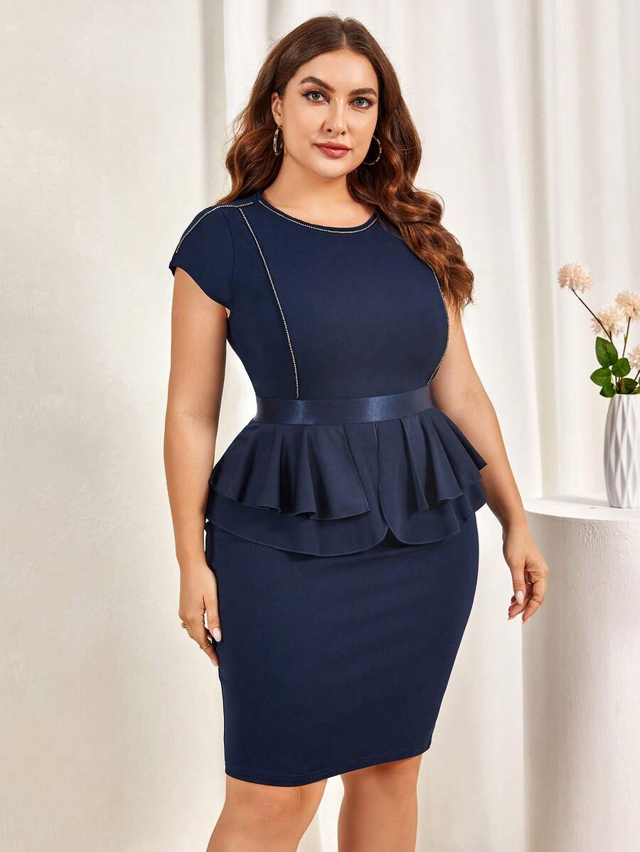 CurvySweet 大碼荷葉邊荷葉邊下擺腰緊身連衣裙 - 藏蓝色 - 查看 1