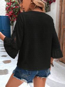 SHEIN LUNE Swiss Dot Guipure Lace Insert Flounce Sleeve Blouse - Black - View 2