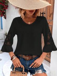 SHEIN LUNE Swiss Dot Guipure Lace Insert Flounce Sleeve Blouse - Black - View 4