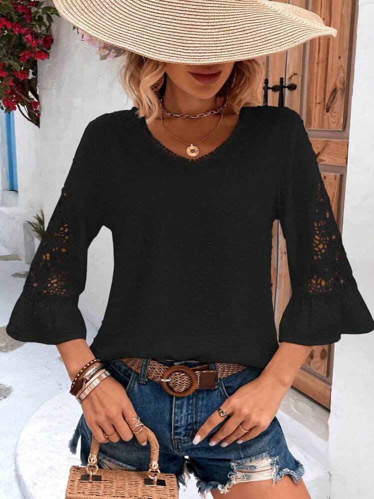 SHEIN LUNE Blusa de lunares con encaje de manga con volante - Negro - Añade 4