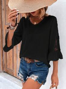 SHEIN LUNE Swiss Dot Guipure Lace Insert Flounce Sleeve Blouse - Black - View 6