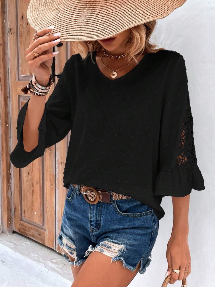 SHEIN LUNE Blusa de lunares con encaje de manga con volante - Negro - Añade 6