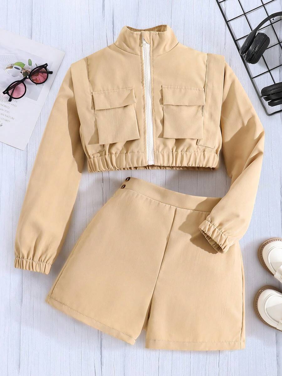 SHEIN Cô gái Túi có nắp Dây kéo Áo khoác & Ngắn - Màu Khaki - Xem 1