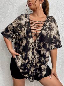 Flirla Plus Tie Dye Cutout Front Drop Shoulder Tee For Summer - Khaki - View 1