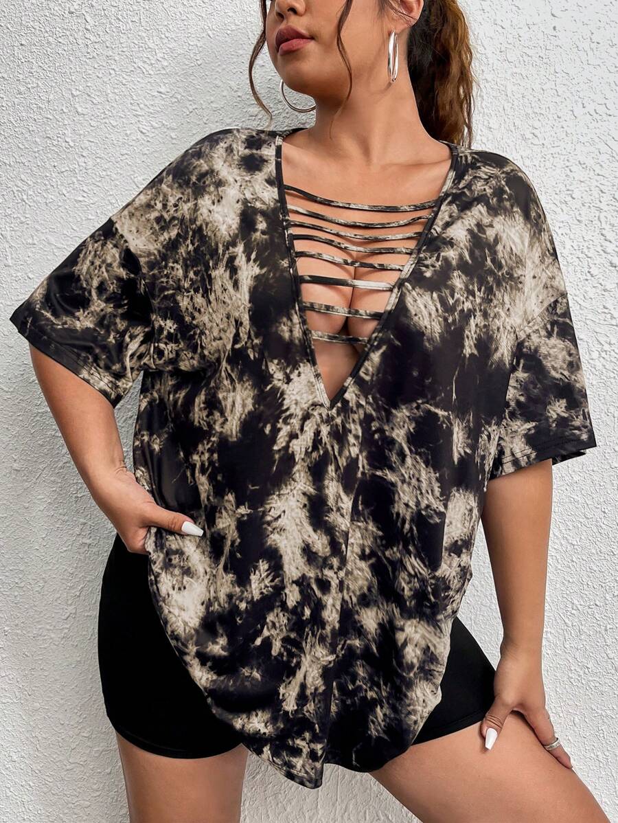 Flirla Plus Tie Dye Cutout Front Drop Shoulder Tee For Summer - Khaki - View 1