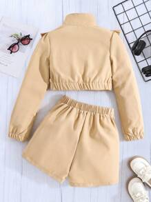 SHEIN Cô gái Túi có nắp Dây kéo Áo khoác & Ngắn - Màu Khaki - Xem 2