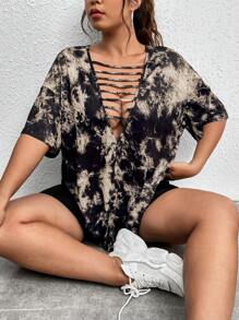 Flirla Plus Tie Dye Cutout Front Drop Shoulder Tee For Summer - Khaki - View 3