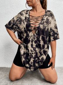 Flirla Plus Tie Dye Cutout Front Drop Shoulder Tee For Summer - Khaki - View 4