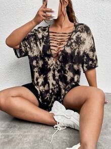 Flirla Plus Tie Dye Cutout Front Drop Shoulder Tee For Summer - Khaki - View 5