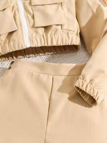 SHEIN Cô gái Túi có nắp Dây kéo Áo khoác & Ngắn - Màu Khaki - Xem 6