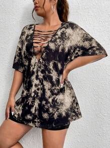 Flirla Plus Tie Dye Cutout Front Drop Shoulder Tee For Summer - Khaki - View 6