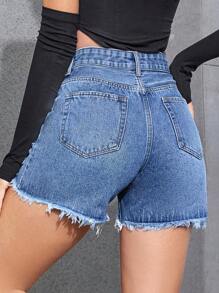 Quần short denim nữ Nút Túi Hem thô Bị tách Dây kéo màu trơn - Rửa trung bình - Xem 2