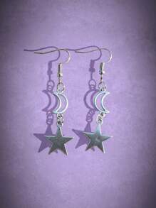 ROMWE Grunge Punk 1pair Fashion Zinc Alloy Moon & Star Drop Earrings For Women For Daily Decoration - Màu Bạc Cổ - Xem 1