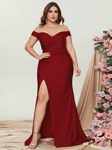 Plus Solid Off Shoulder Ruched Split Thigh Formal Dress - Red - View 1
