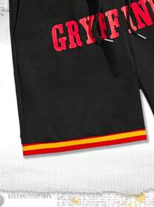 ROMWE MEN Harry Potter | ROMWE 男士字母和卡通圖案條紋飾邊腰部抽繩短褲 - 黑色 - 查看 5