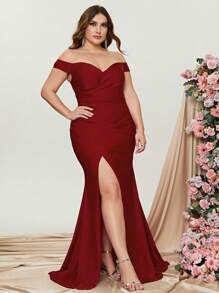 Plus Solid Off Shoulder Ruched Split Thigh Formal Dress - Red - View 3